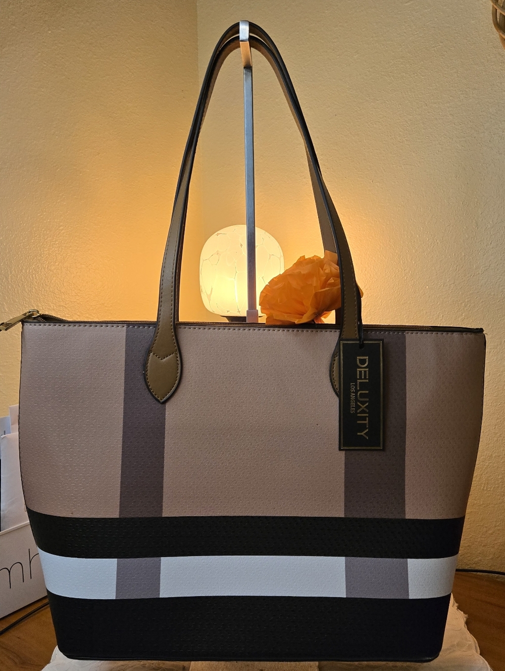 Deluxity Like New Taupe and Black Stripe Tote Bag with Gold Emblem - Picture 3 of 11